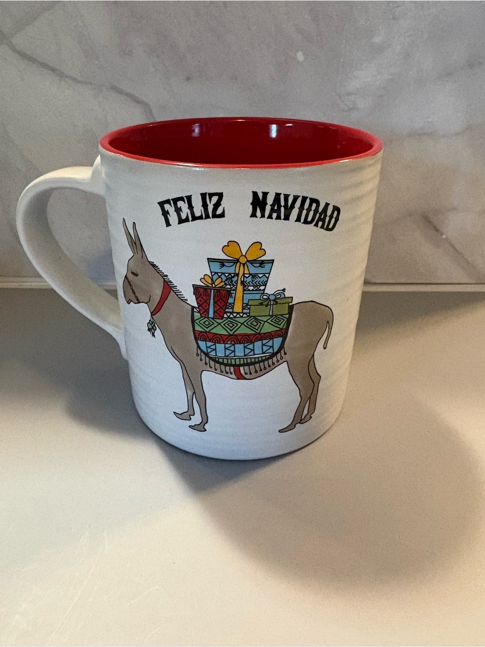 Feliz Navidad Holiday Donkey Ceramic Mug - White with Red Interior